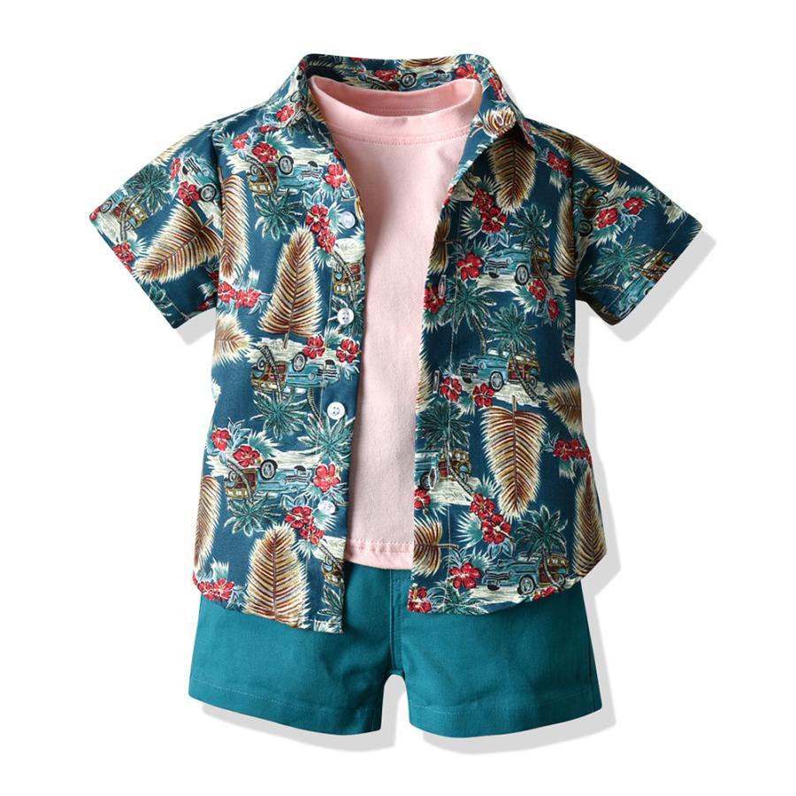 キッズ アロハシャツ Tシャツ 短パンツ 3点セット ビーチウェア 夏 半袖シャツ 男の子 開襟シャツ 子ども服 ハワイアン 総柄 カジュアル | ブランド登録なし | 05