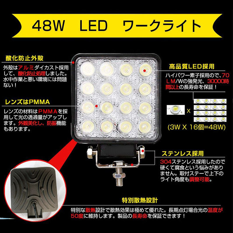 作業灯 LED ワークライト 4個セット 48W 12v/24v兼用 防水防塵 夜釣り