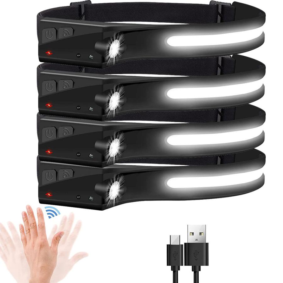 年末のプロモーション特価！ ヘッドライト 4個セット 充電式 USB LEDデュアル光源 ヘッドランプ 5種点灯モード 70g超軽量 高輝度  アウトドア用ヘッドライト IPX4防水 アウトドア 送料無料 palettes-and-co.fr