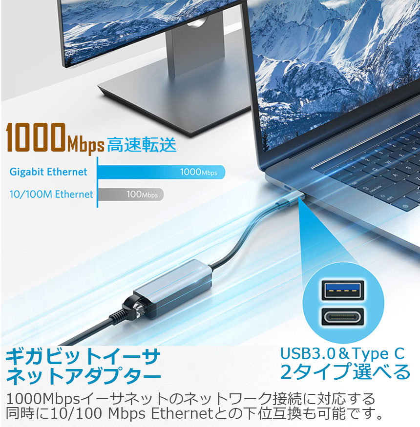 USB3.0 Type C LAN 変換アダプター 有線LANアダプター 1000Mbps