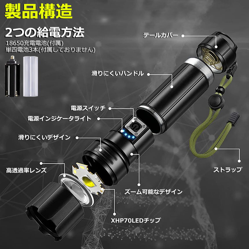 懐中電灯 XHP70 強力 防水 USB充電式 電池式 LCD残量表示 ズーム機能 5
