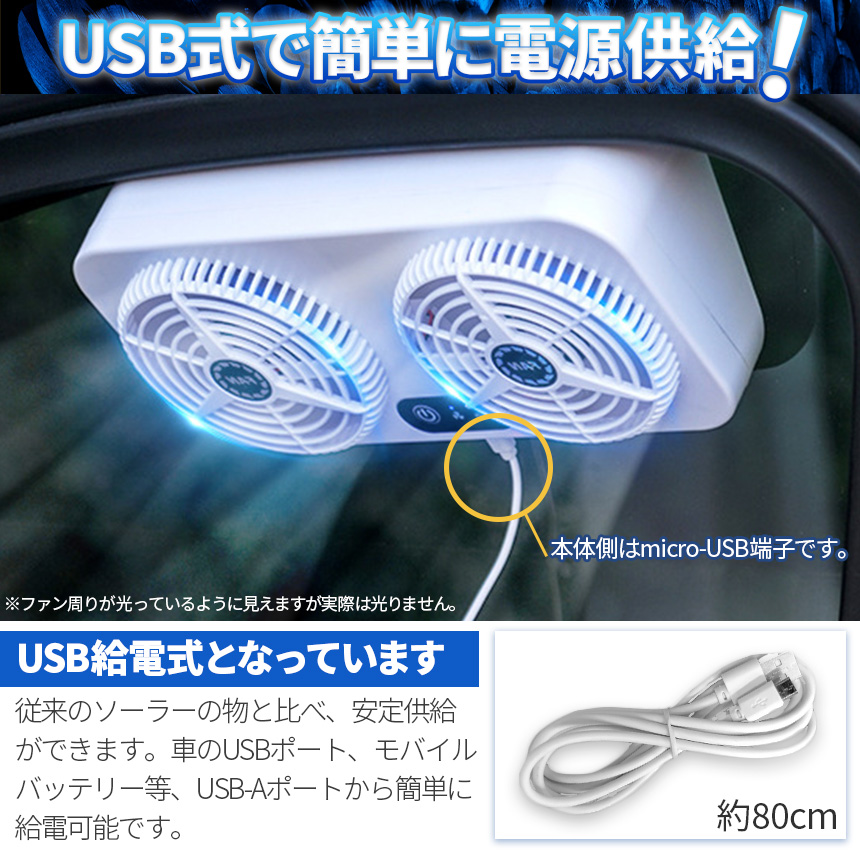 車載換気ファン USBタイプ 2個セット Wファン 風速3段階 車用排気