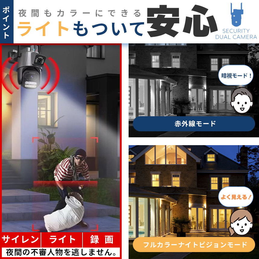 爆買 防犯カメラ 屋外 家庭用 wifi 有線 2カメラ デュアルカメラ 屋外
