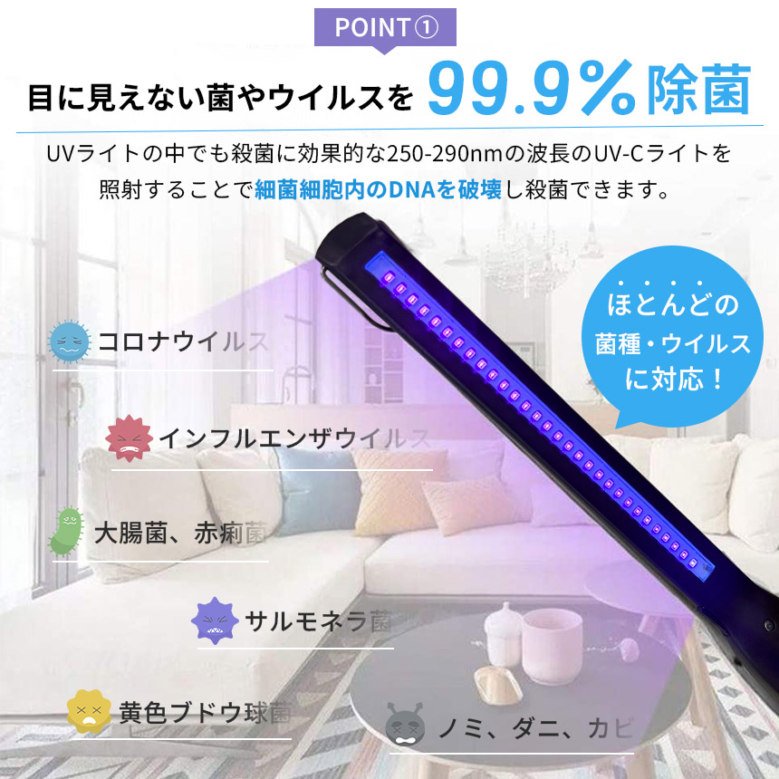 除菌ライト 殺菌ライト 殺菌灯 3個セット 殺菌ランプ 紫外線 UV 充電式