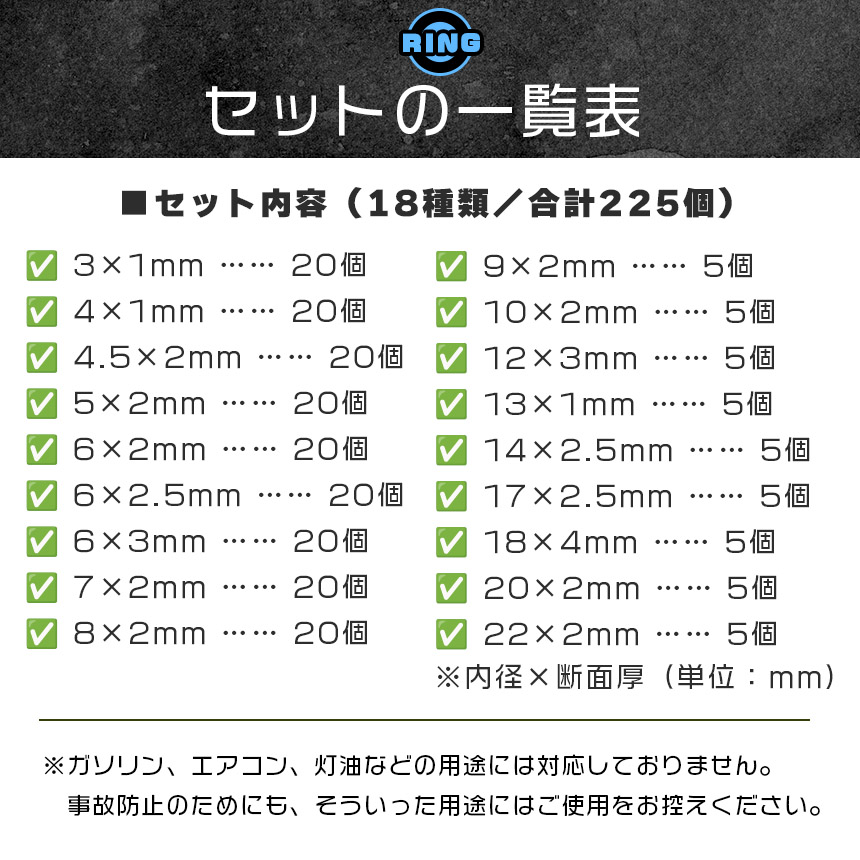 爆買 Oリング セット 225個 18サイズ 耐油 耐熱 ゴム パッキン 修理