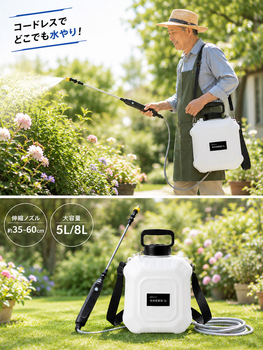 電動噴霧器 充電式 噴霧器 Type-Cケーブル付属 2段階 噴霧 弱強切替 90