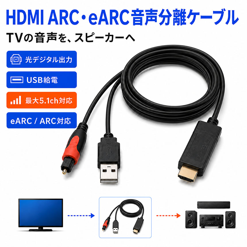 HDMI 音声分離ケーブル ARC eARC 対応 光デジタル 出力 変換 5.1ch