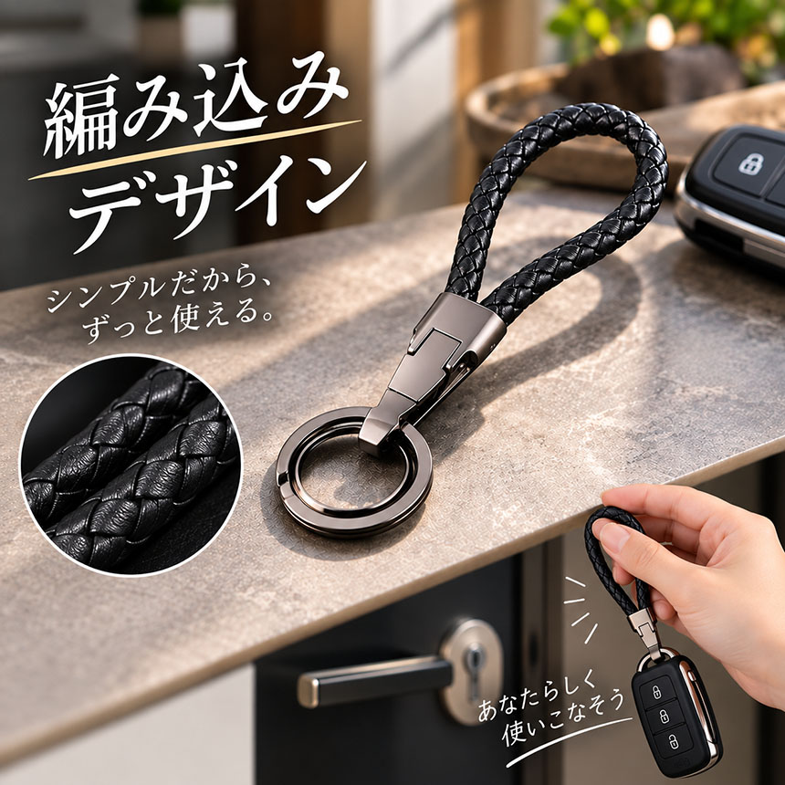 キーホルダー 編み込み レザー調 2色 キーリング ダブルリング