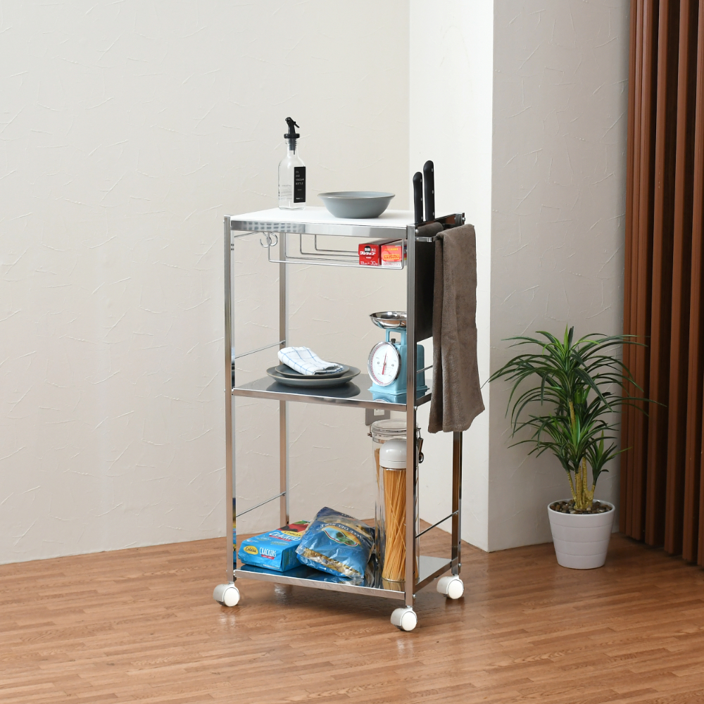 足立製作所 キッチンワゴン キャスター付き 天板付き 人工大理石 包丁