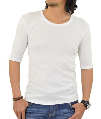 Tシャツ メンズ Uネック 半袖 無地 5分袖 五分袖 カットソー インナー 