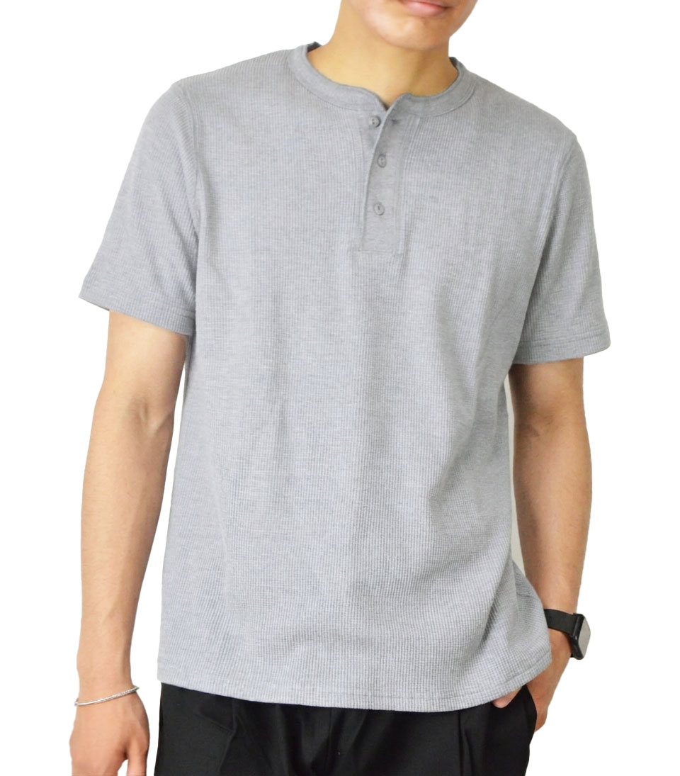ヘンリーネック 半袖Tシャツ サーマルシャツ メンズTシャツ ワッフル