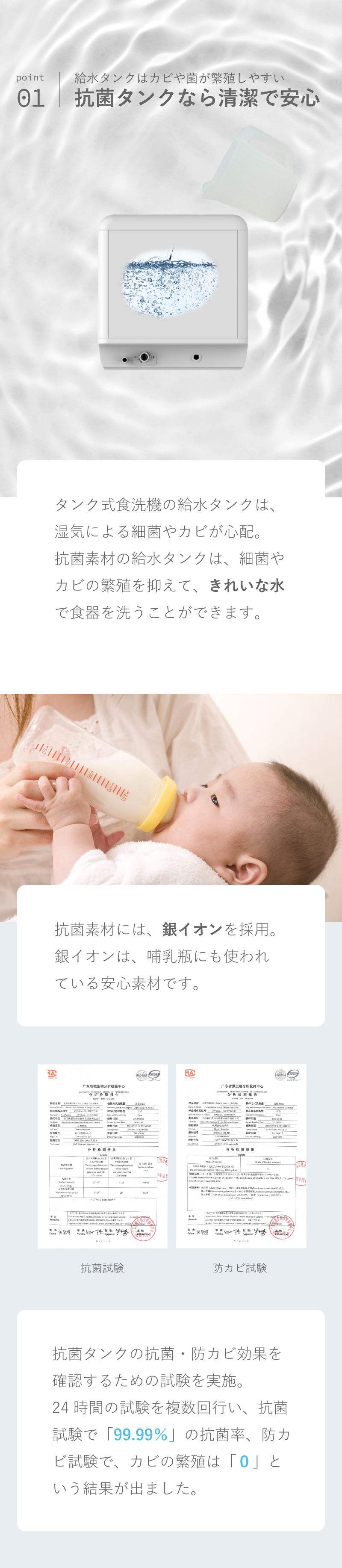 POINT01 給水タンクはカビや菌が繁殖しやすい 抗菌タンクなら清潔で安心。タンク式食洗機の給水タンクは、湿気による細菌やカビが心配。抗菌素材の給水タンクは、細菌やカビの繁殖を抑えて、キレイな水で食器を洗うことができます。抗菌素材には銀イオンを採用。銀イオンは哺乳瓶にも使われている安心素材です。抗菌タンクの抗菌・防カビ効果を確認するための試験を実施。24時間の試験を複数回行い、抗菌試験で99.99%の抗菌率。防カビ試験でカビの繁殖は０という結果が出ました。