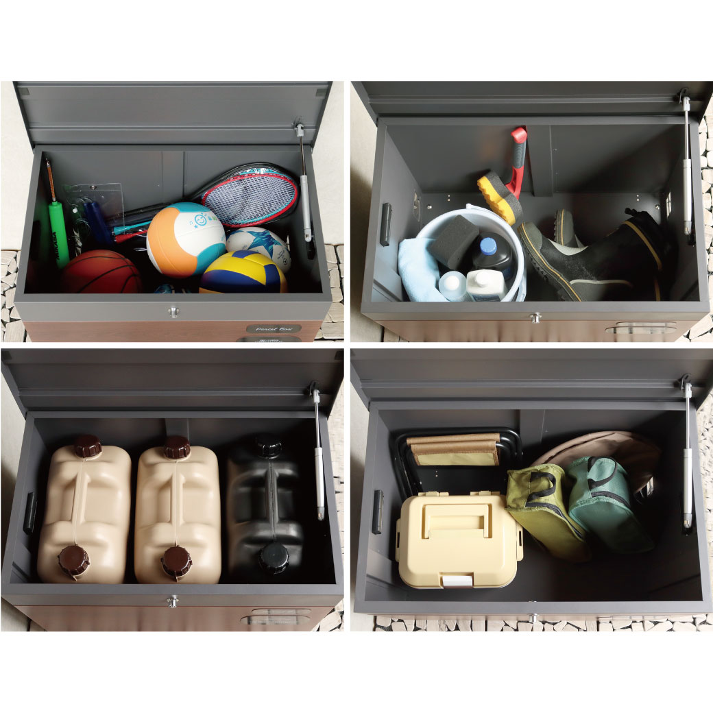 宅配ボックスとしてだけではなく、子供の遊び道具、アウトドア用品、灯油缶、洗車用品、ごみの保管など、いろんな用途でご使用いただけます。