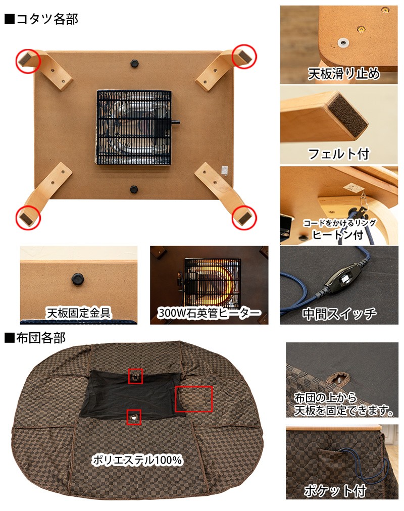 S3-16+HTR-08　ダイニングコタツ80×80　掛布団　4点セット