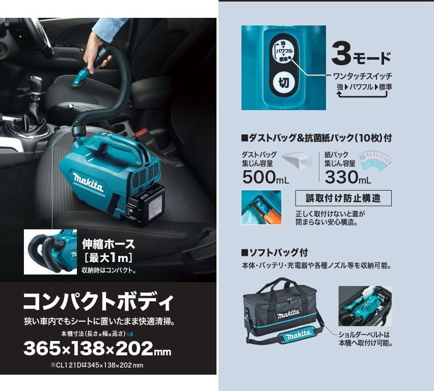 マキタ 18V充電式クリーナー CL184DRF フルセット(3.0Ahバッテリー×1、充電器DC18RF、ソフトバッグ付) 【日本産】