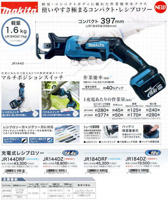 マキタ 充電式レシプロソー18V JR184DRG(充電器・電池１個・ケース付