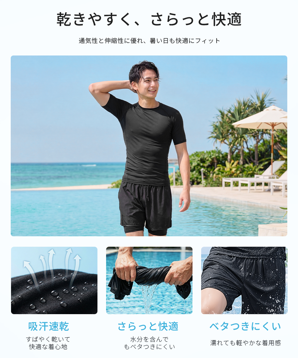 水陸両用】 水着 メンズ フィットネス 上下セット 半袖 ラッシュガード
