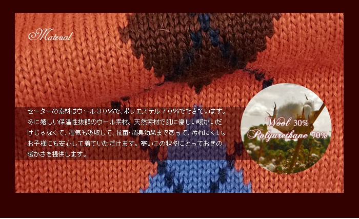 素材は冬に嬉しい保温性抜群のウール30％素材のセーター。天然素材で肌に優しい。