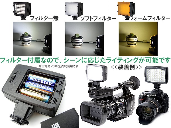 カメラ56LEDビデオライトLUX-54フィルター2種付撮影ライト