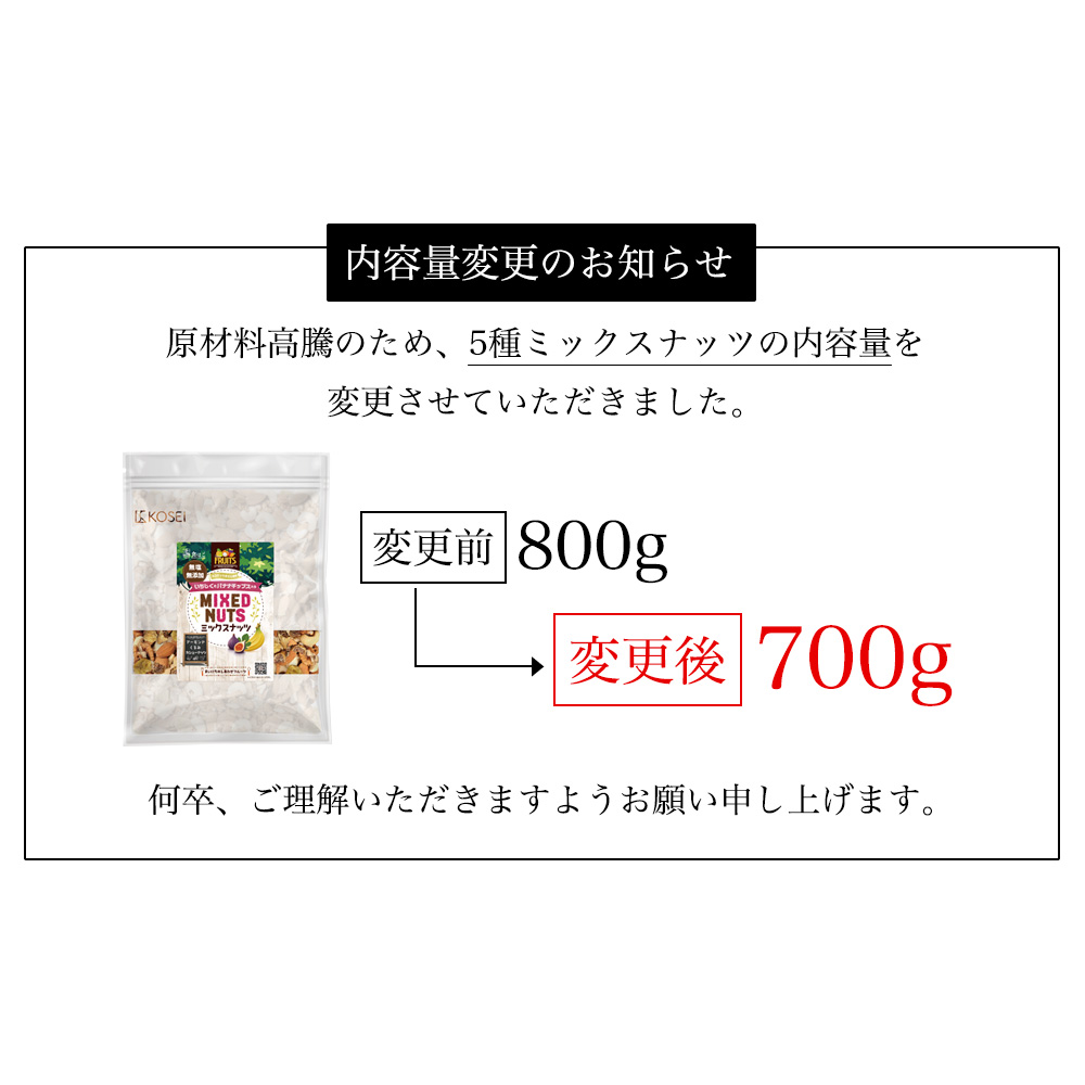 フルーツナッツ700g内容量変更案内