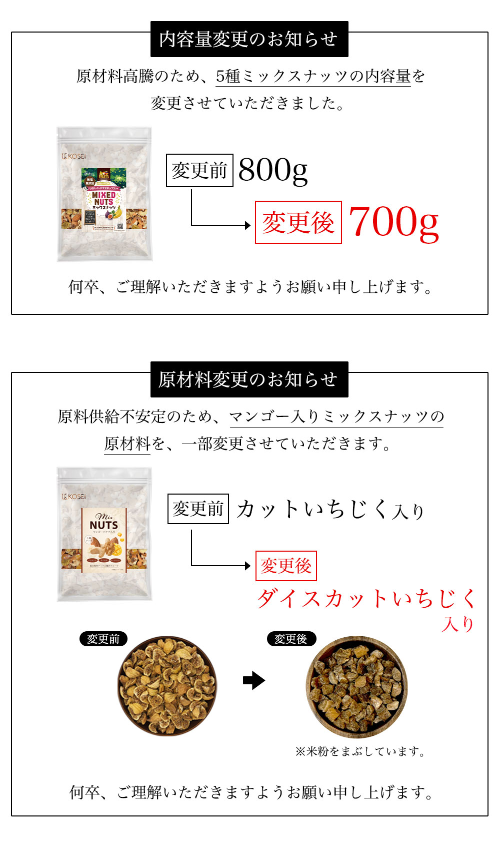 フルーツナッツ700g変更案内