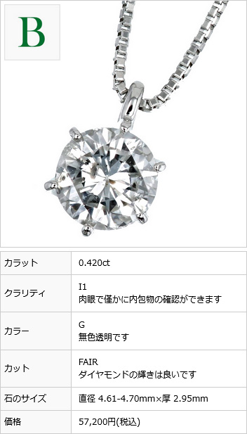 ダイヤモンド ネックレス 一粒 0.4ct D〜J I1 VERY GOOD~FAIR プラチナ 