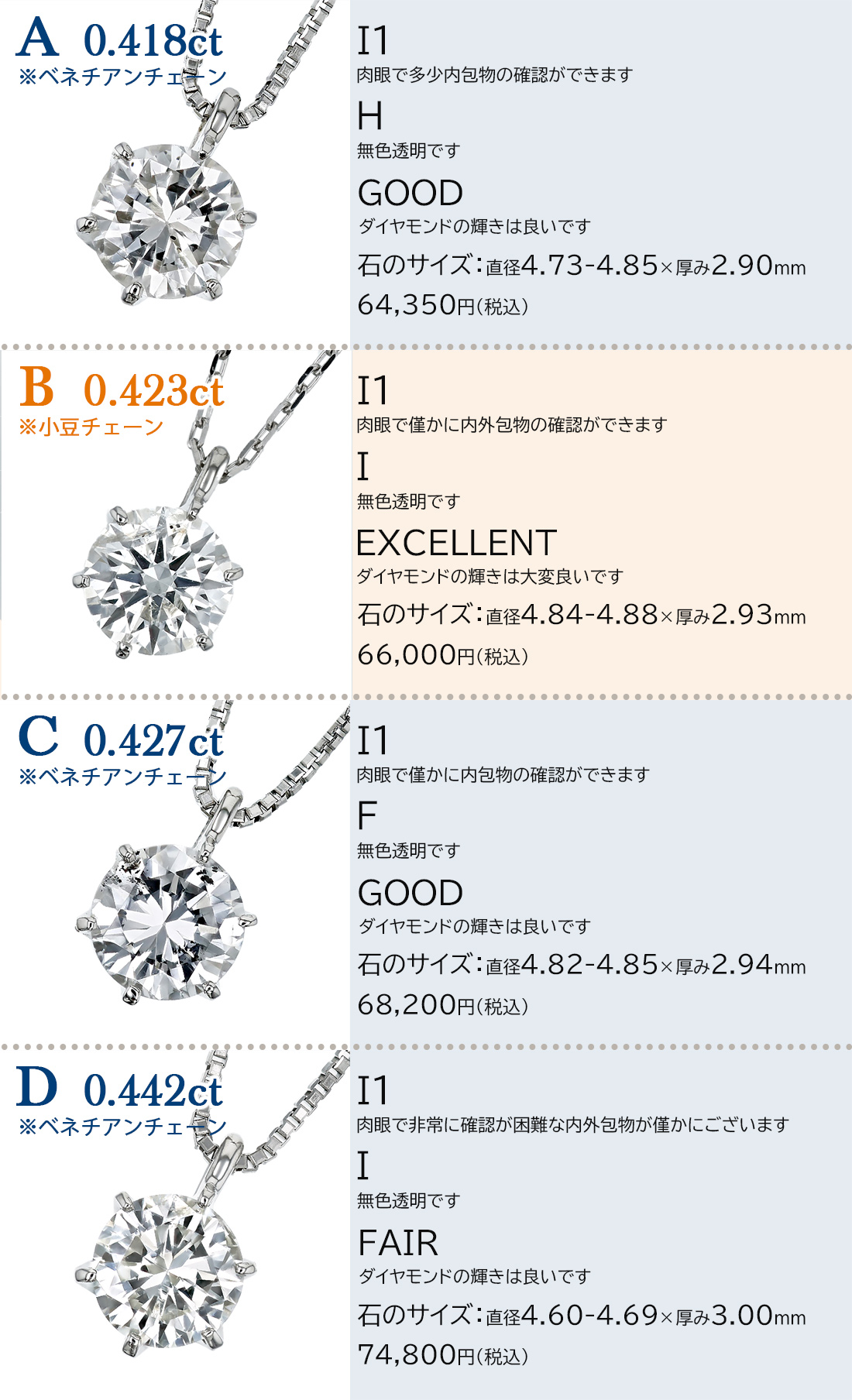ダイヤモンド ネックレス 一粒 0.4ct F〜I I1 EX〜FAIR プラチナ Pt