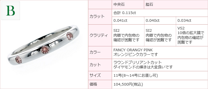ピンクダイヤモンド リング 0.09〜0.11ct(Total) FANCY PINK VS1〜I2