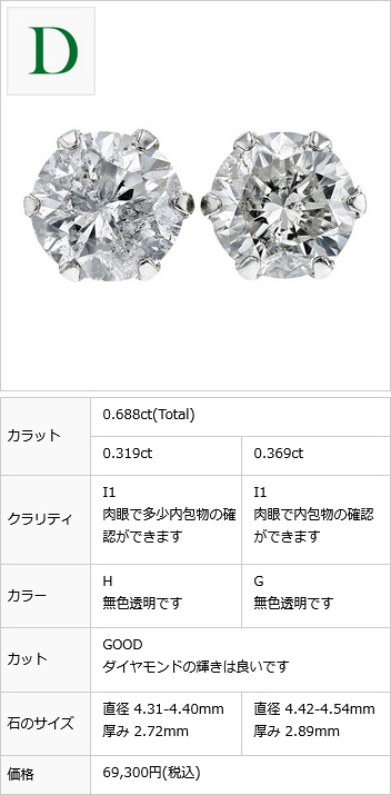 ダイヤモンド ピアス 0.6〜0.7ct(Total) F〜K I1 VERY GOOD〜FAIR 