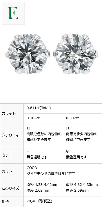 ダイヤモンド ピアス 0.6〜0.7ct(Total) F〜K I1 VERY GOOD〜FAIR