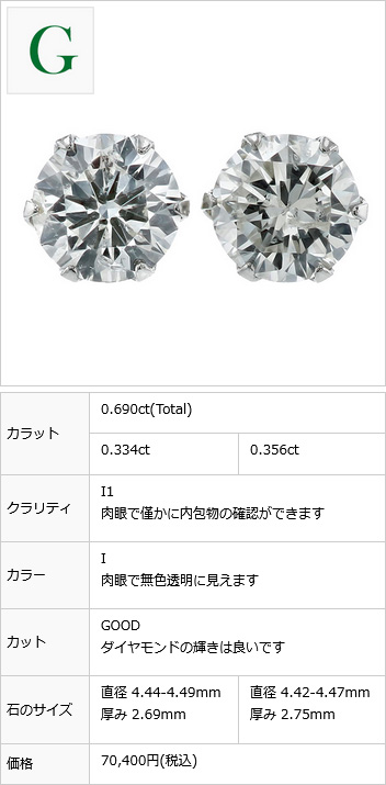 新品 天然 ダイヤモンド 0.690ct プラチナ 両耳 ピアス ソーティング