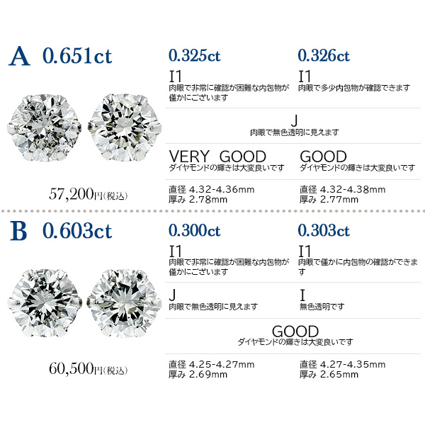 ダイヤモンド ピアス 一粒 0.6〜0.7ct(Total) E〜J I1 VERY GOOD〜GOOD プラチナ Pt ソーティング付 ダイヤモンドピアス ダイヤピアスの画像