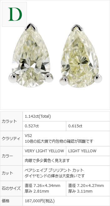 ダイヤモンド ピアス 1ct(Total) VVS2〜SI2 M〜LIGHT YELLOW ペア