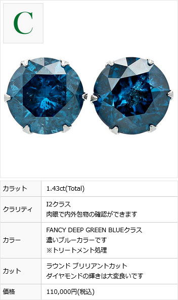 ブルーダイヤモンド ピアス 1.4〜1.9ct(Total) FANCY DEEP GREEN BLUE