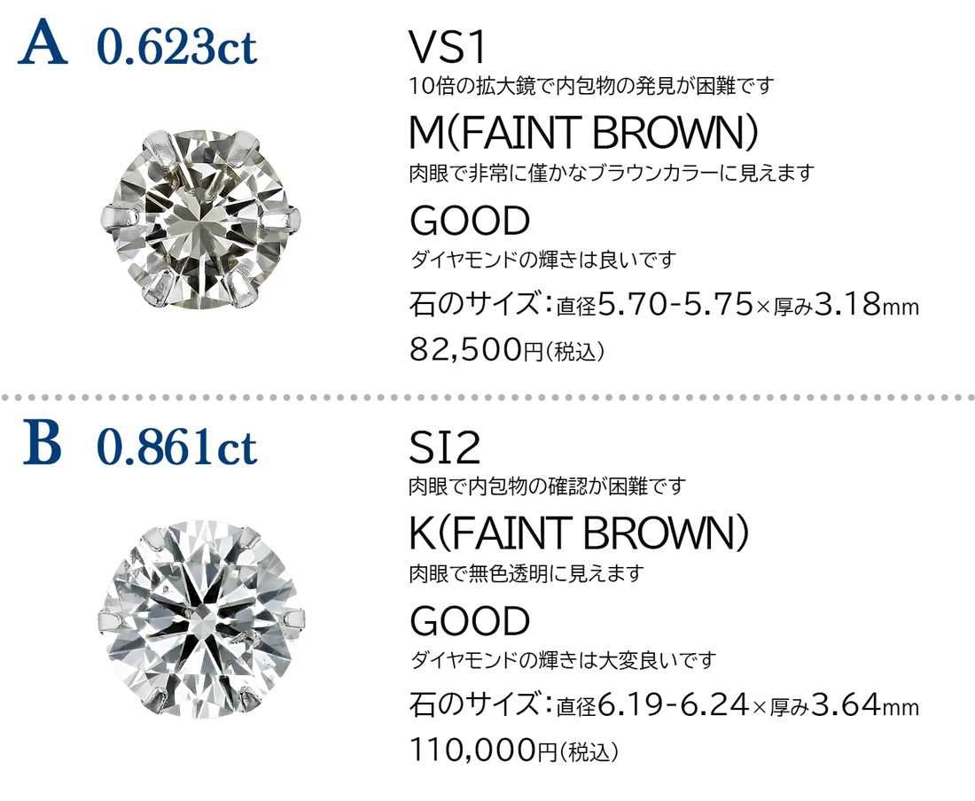 ダイヤモンド ピアス 片耳用 一粒 0.6〜0.8ct K〜M(FAINT BROWN) VS1