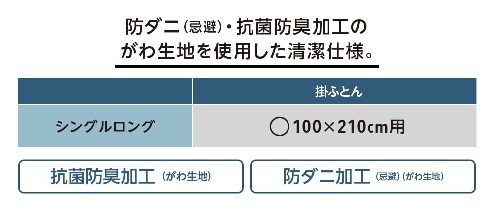 防ダニ（忌避）・抗菌防臭加工のがわ生地を使用した清潔仕様。
