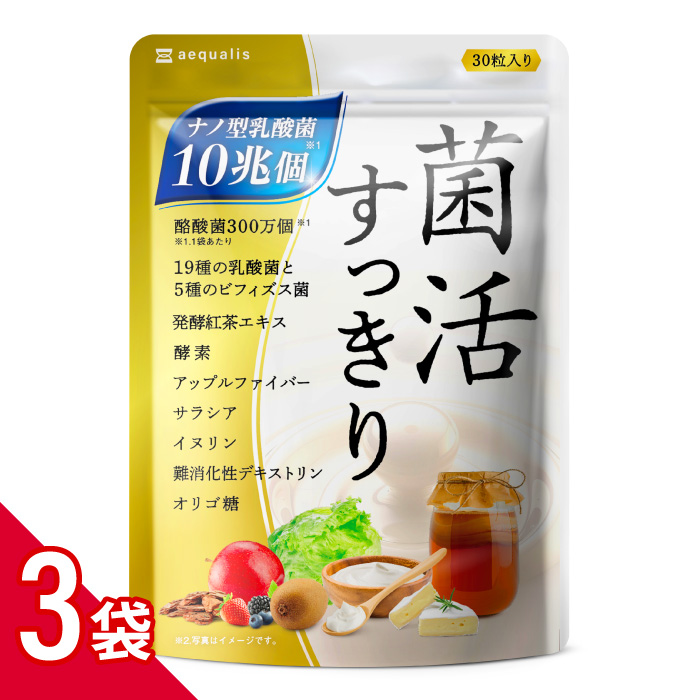 乳酸菌 サプリメント 菌活すっきり 3袋セット 乳酸菌10兆個 ビフィズス菌 酪酸菌 コンブチャ 酵素 オリゴ糖 30日分 送料無料 90日分