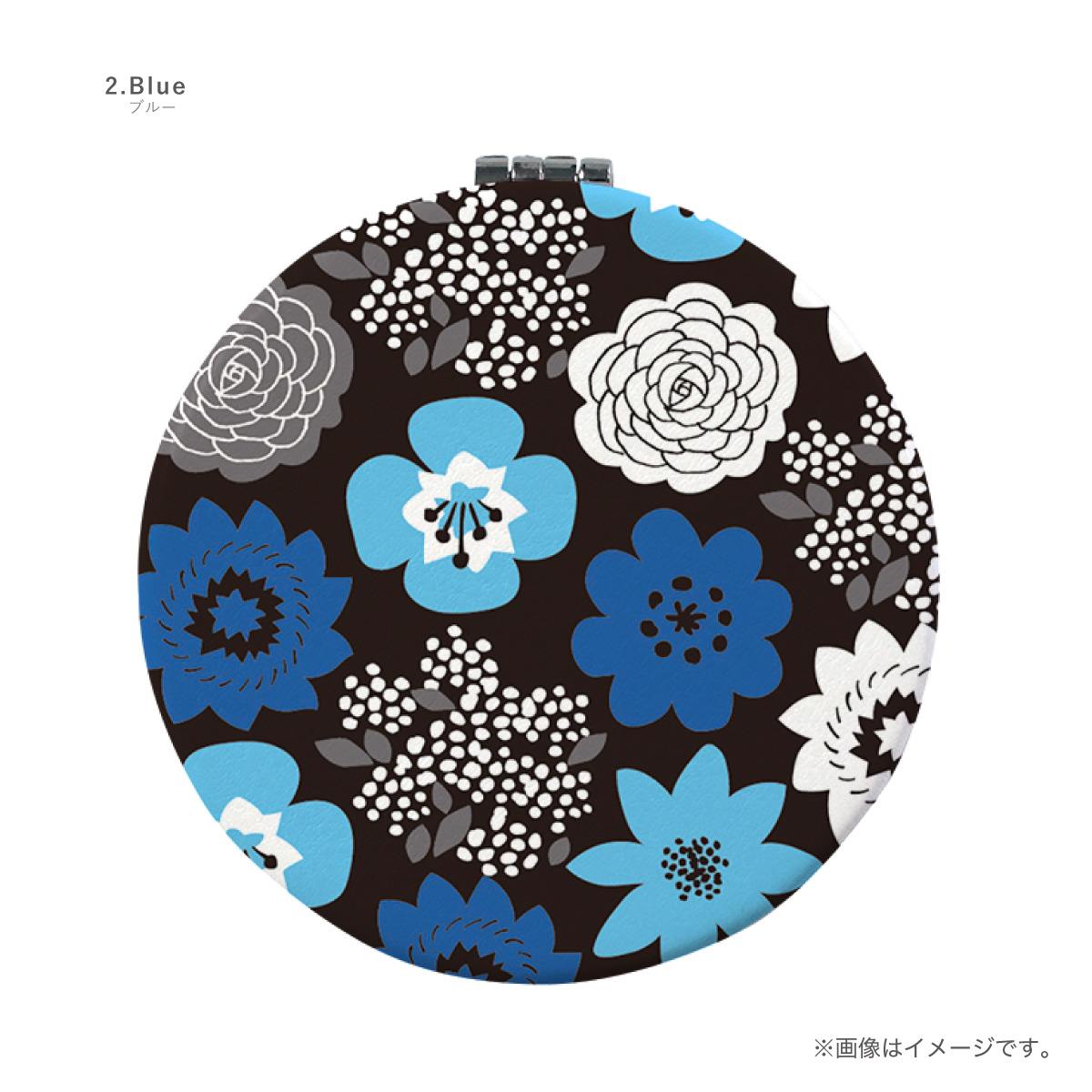 青い花柄 コンパクト両面ミラー 丸い薄い軽いかわいい