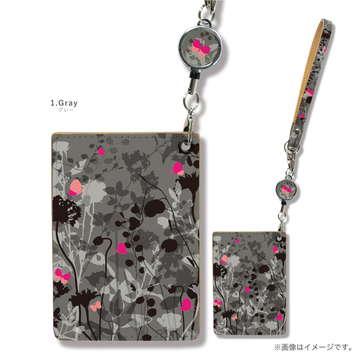パスケース ICカード カード 定期入れ IDカード リール付き 花 蝶々