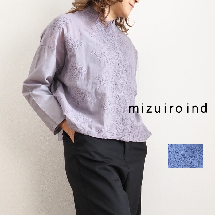 mizuiro ind ミズイロインド シャツ スタンドカラー レースコットン ワイド レディース