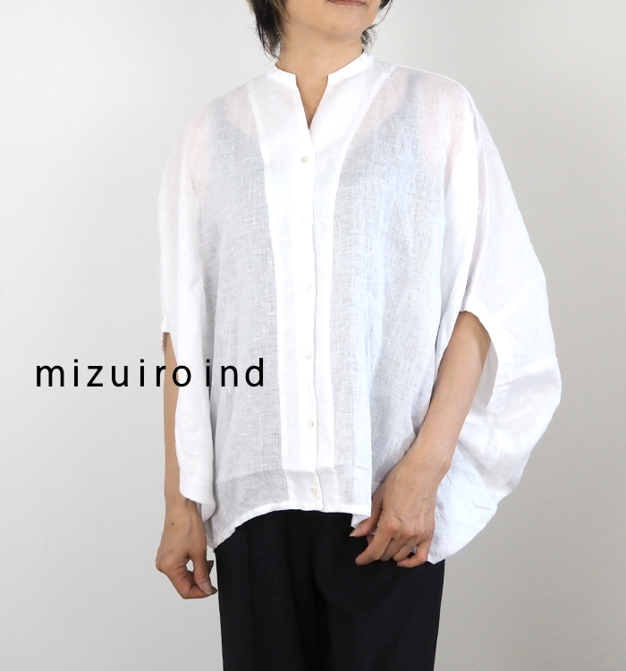 ミズイロインド✨リネン混シャツ ドルマンスリーブ　バンドカラー ゆったり　グレー mizuiroind（ミズイロインド） リネンコクーンブラウス スタンドカラー