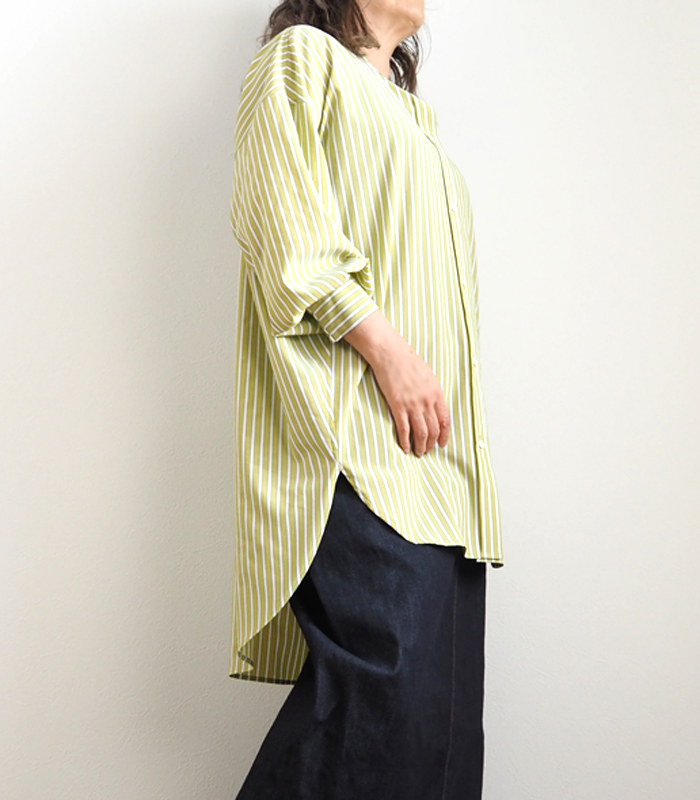 Cafune ストライプロングシャツ 長袖バンドカラーシャツ