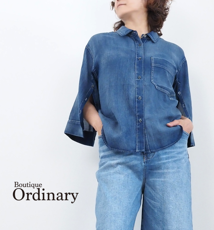 シアーデニムバンドカラーブラウス レディース Boutique Ordinary ブティークオーディナリー Boutique Ordinary シアーデニムバンドカラーブラウス