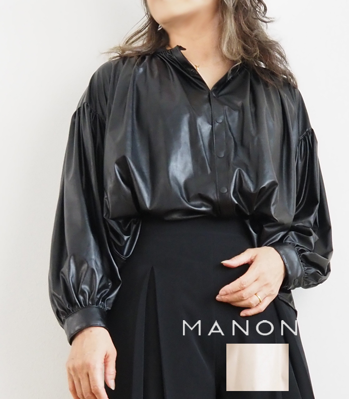 アミカルシャツ MANON 長袖 フェイクレザー ギャザーブラウス マノン レディース