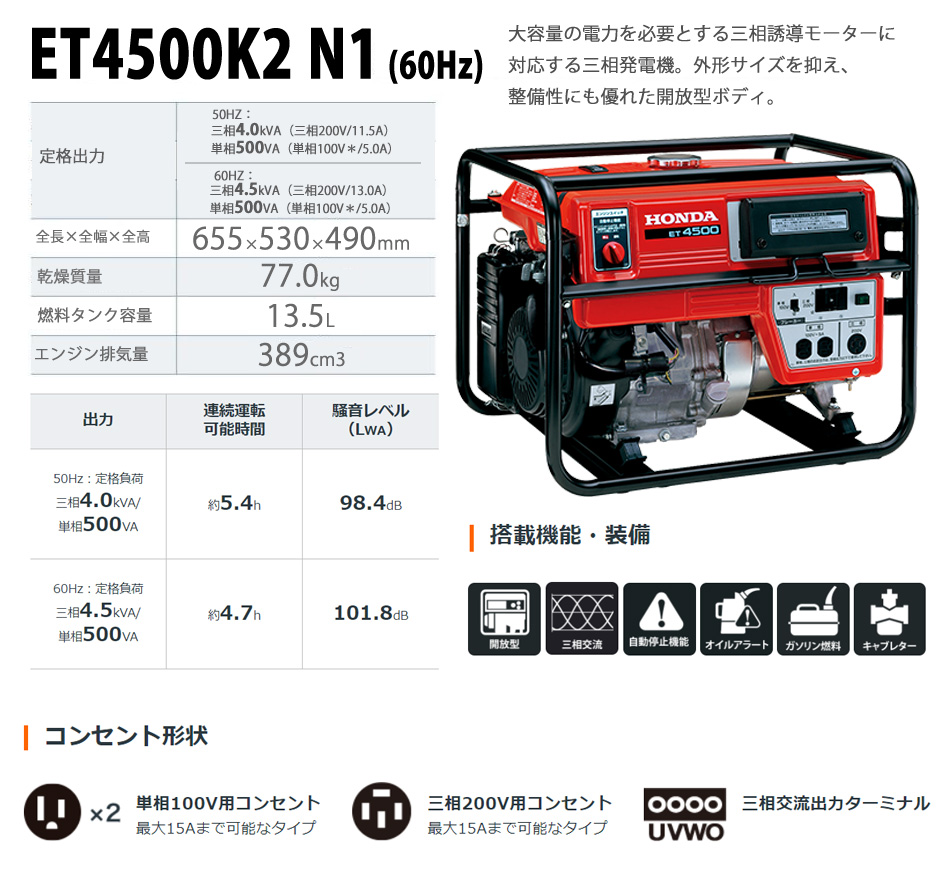 ホンダ 三相発電機 ET4500-N1 業務用 発電機(60Hz) 西日本 HONDA