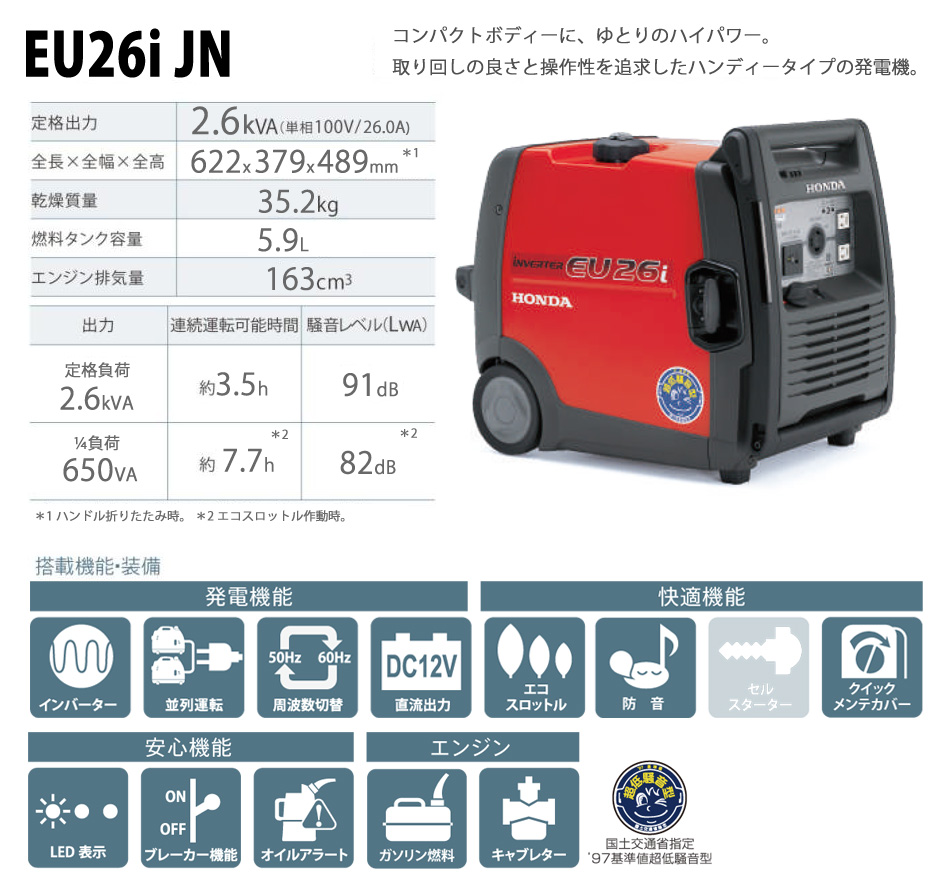 発電機 インバーター ホンダ EU26i-JN 防災 ハンドル 車輪付 家庭用