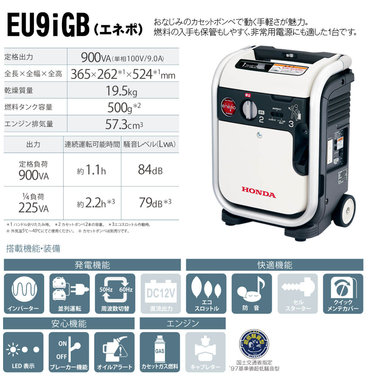発電機 ホンダ EU9iGB-JNT ガスボンベ式 エネポ enepo 防災 小型 メーカー保証付 (カセットボンベ別売)