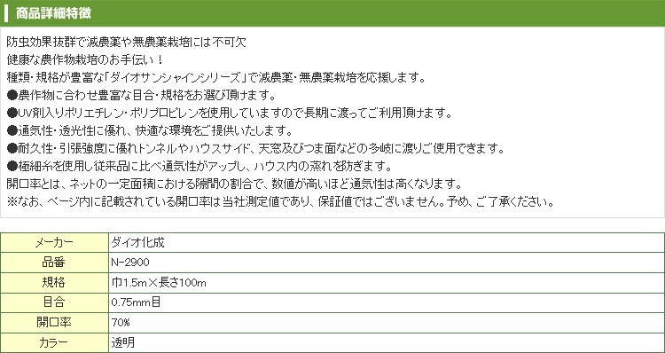 ダイオ化成 防虫ネット ダイオサンシャインソフト N-2900 0.75mm目 1.5