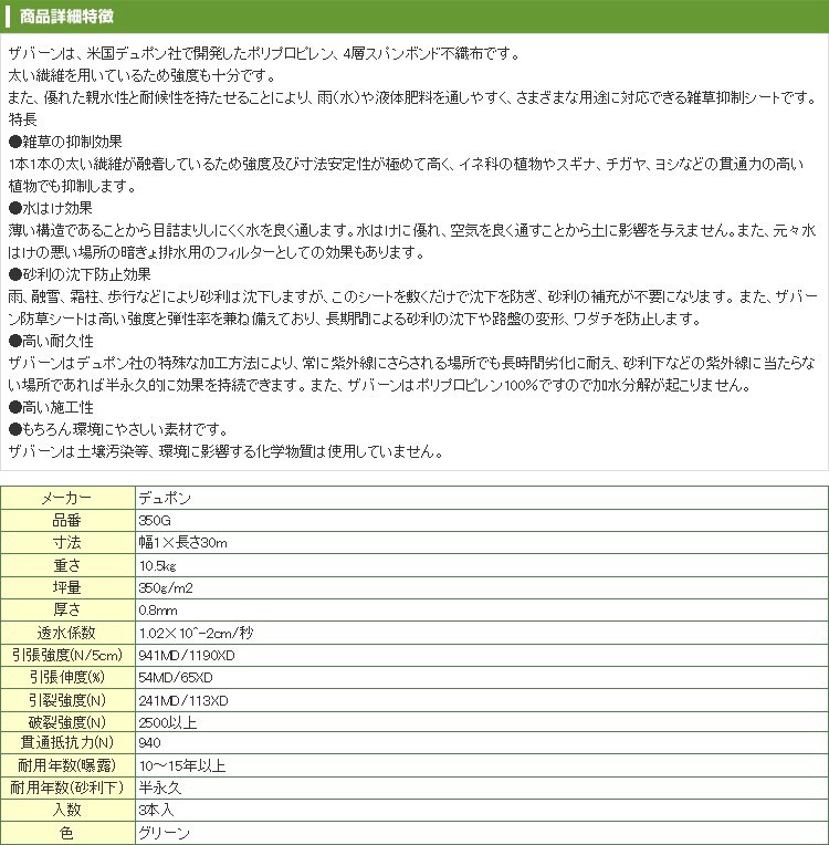 防草シート ザバーン 防草シート 1m 超強力+高耐久タイプ ザバーン 350G グリーン 1m X 30m 3本 （施工目安ドット印刷有） デュポン  :dup-x350g1x30x3:アグリズ Yahoo!店 - 通販 - Yahoo!ショッピング