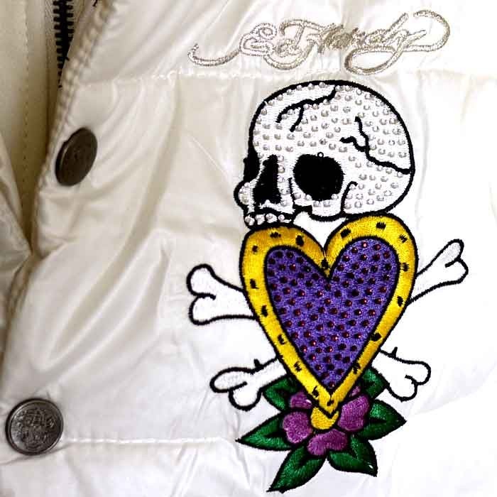 Ed Hardy ホワイト 刺繍ダウンジャケットフード付 Ed Hardy ホワイト 刺繍ダウンジャケットフード付